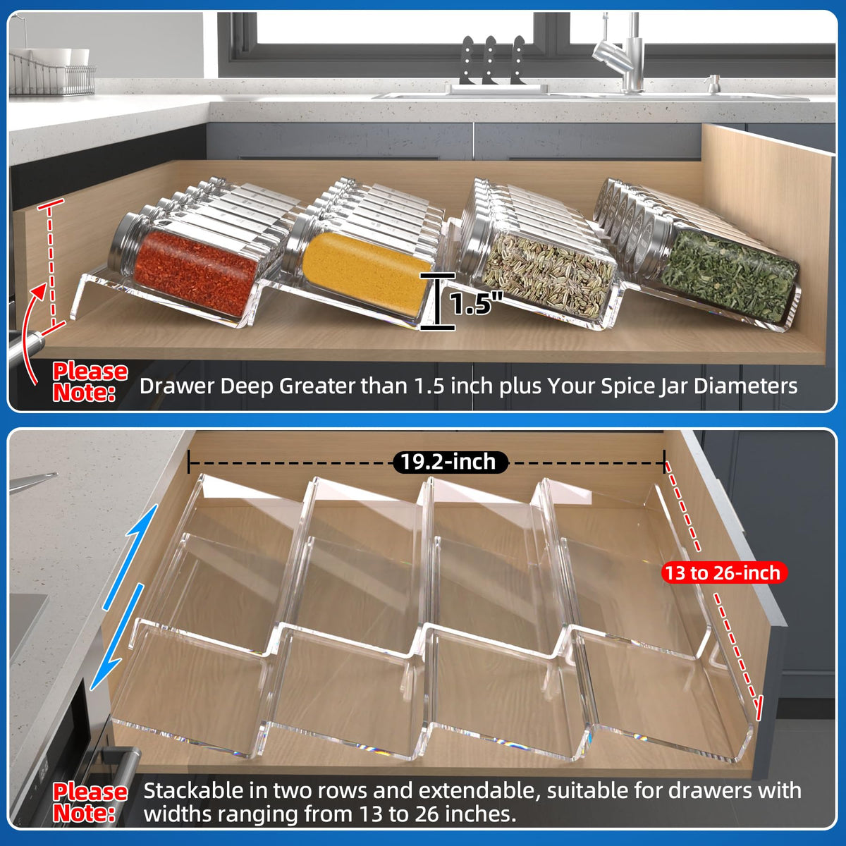 MIUKAA Clear Spice Drawer Organizer, 4 Tier - 2 Set Acrylic Seasoning Rack