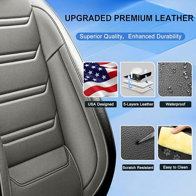 Fit HR-V Car Seat Covers for Honda HRV 2016-2025 2026 LX/EX/EXL/Sport - Full Coverage Leather, Airbag Compatible, Breathable Waterproof All Weather Seat Protector, Full Set, Black+Gray