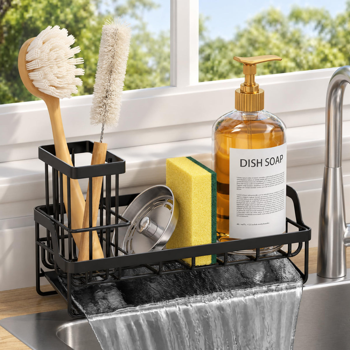 Consumest Sponge Holder for Kitchen Sink - Sink Caddy with Stainless Steel Self Drain Tray, Sink Organizer with High Brush Holder Countertop for Kitchen Sink Accessories, Black