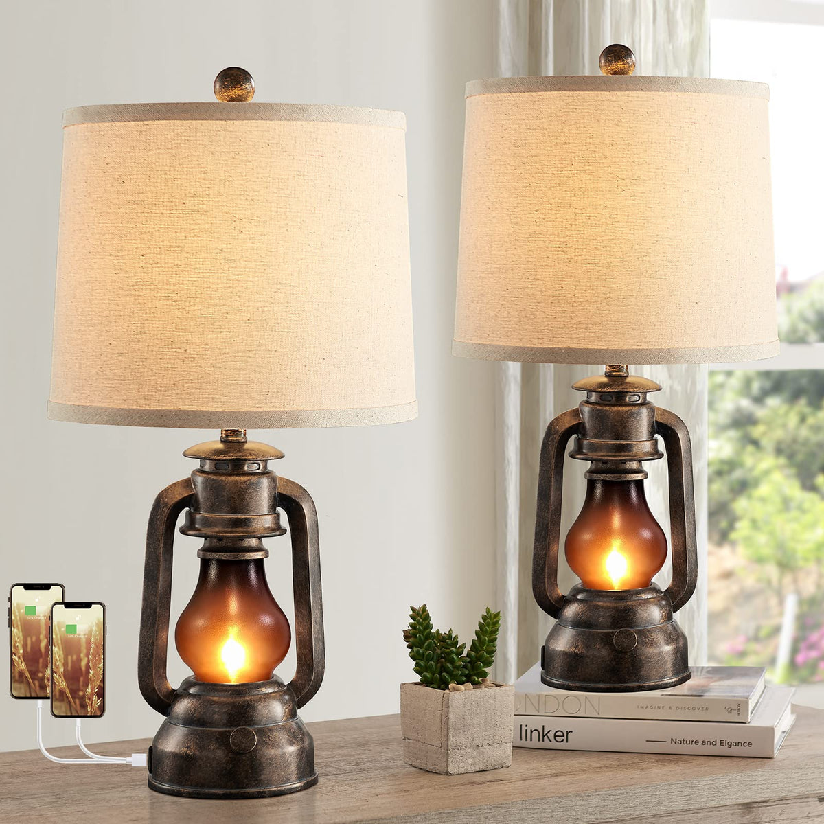RORIANO Farmhouse Lantern Table Lamps for Living Room Set of 2 with USB C+A