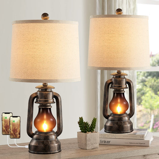 RORIANO Farmhouse Lantern Table Lamps for Living Room Set of 2 with USB C+A