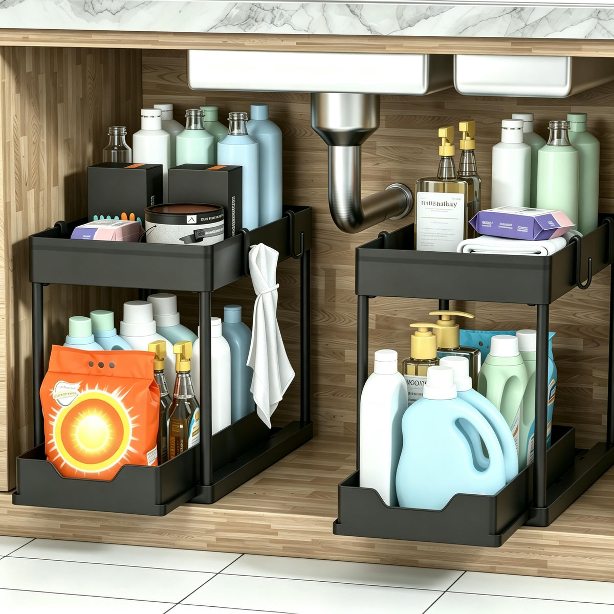 DEKAVA Under Sink Organizer 2 Pack, Bathroom Cabinet Organizer, 2 Tier Sliding Cabinet Basket Organizer Drawer, Multi-Purpose Bath Collection Baskets for Bathroom (Black)