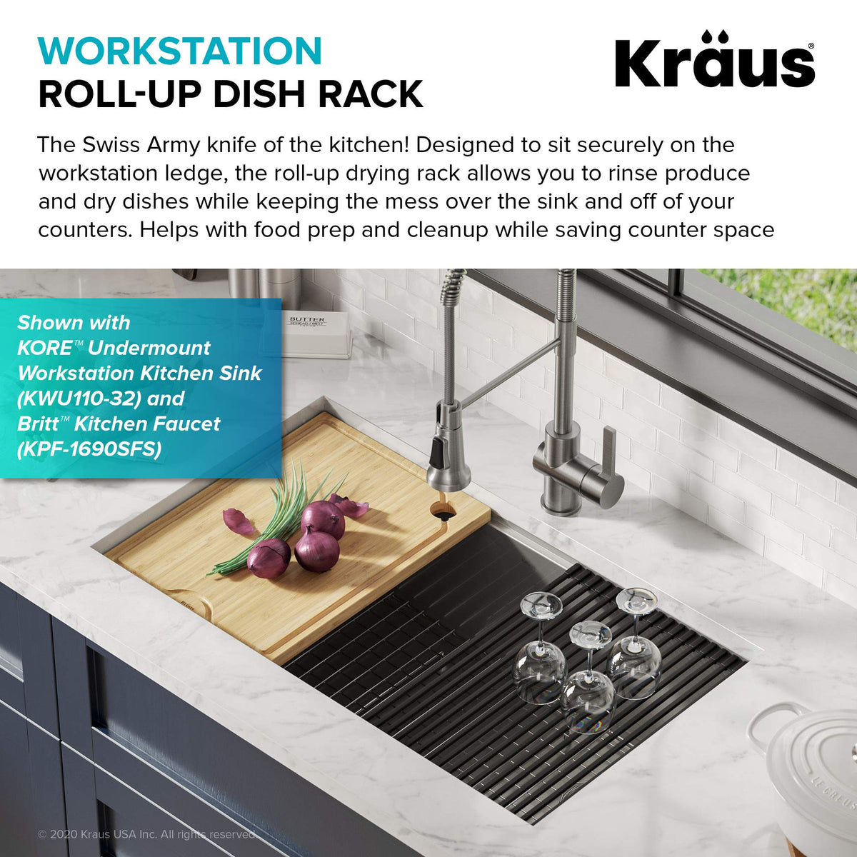 Kraus Multipurpose Workstation Sink Roll-Up Dish Drying Rack, Colander and Trivet in Dark Grey, KRM-11DG