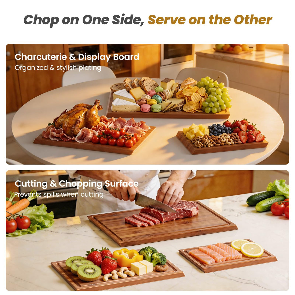Maxboro Bamboo Cutting Board for Kitchen, Double-Sided with Stand, Brown