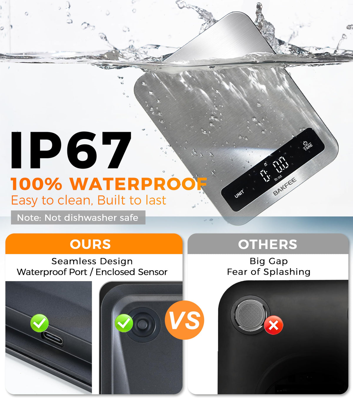 BakFee Waterproof Food Scale, 22lb Kitchen Scale, IP67, Rechargeable, Grey