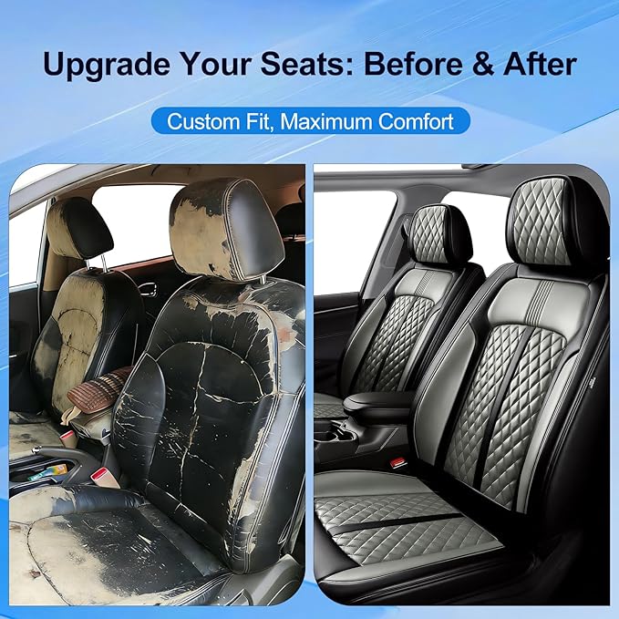 Fit Civic Car Seat Covers for Honda Civic 2020-2026 Sedan(Not for Coupe) - Premium Full Coverage Leather, Waterproof All Weather Breathable Seat Cushion Protector, Full Set, Black+Gray