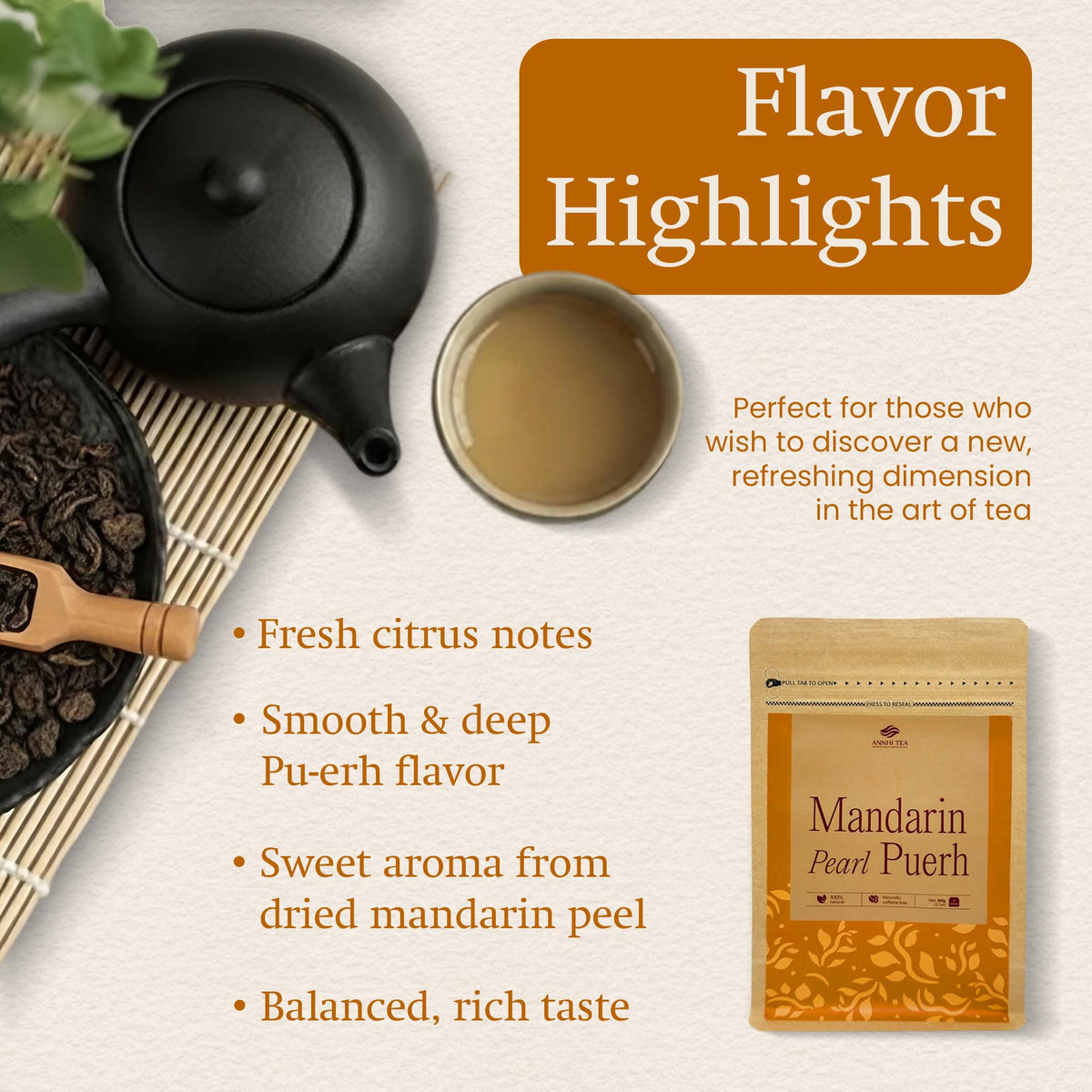 ANNHI TEA Mandarin Pearl Puerh - 6 Whole Dried Citrus Pieces, Premium Fermented Puerh Tea with Mandarin Peel, Smooth, Earthy & Sweet Aroma, Natural Vietnamese Detox Tea Pack