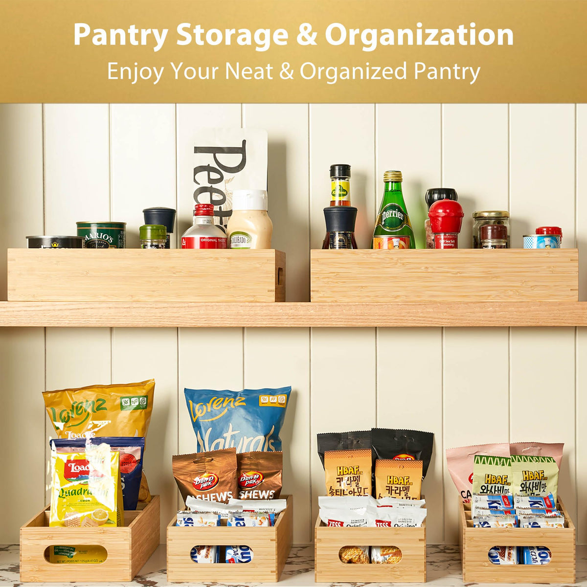 Umilife Large Bamboo Pantry Organizers and Storage Bins with Removable Dividers, Kitchen Drawer Cabinet Countertop Organization for Snack, Spice Packets, Teabags, Seasoning Pouches (2 Pack)