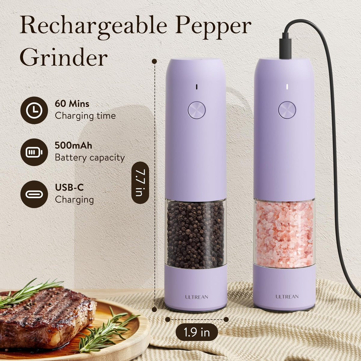Ultrean Electric Salt and Pepper Grinder Set, Rechargeable,Purple