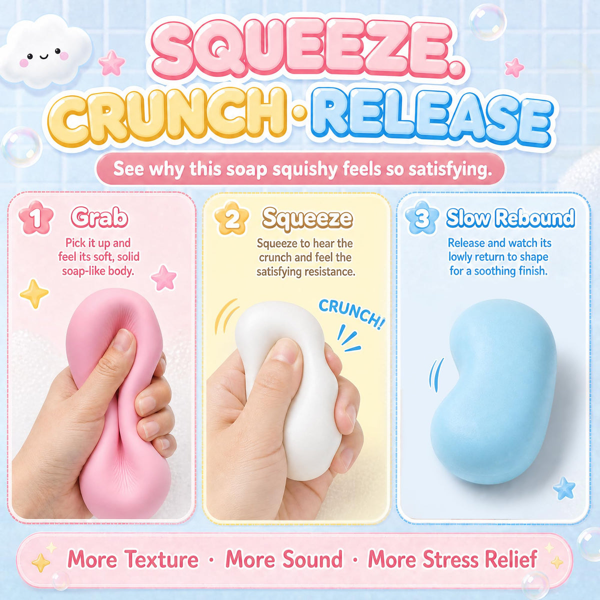 Crunchy Soap Squishy ASMR Toy, Soft Squeeze Fidget Toy, Stress Ball（White）