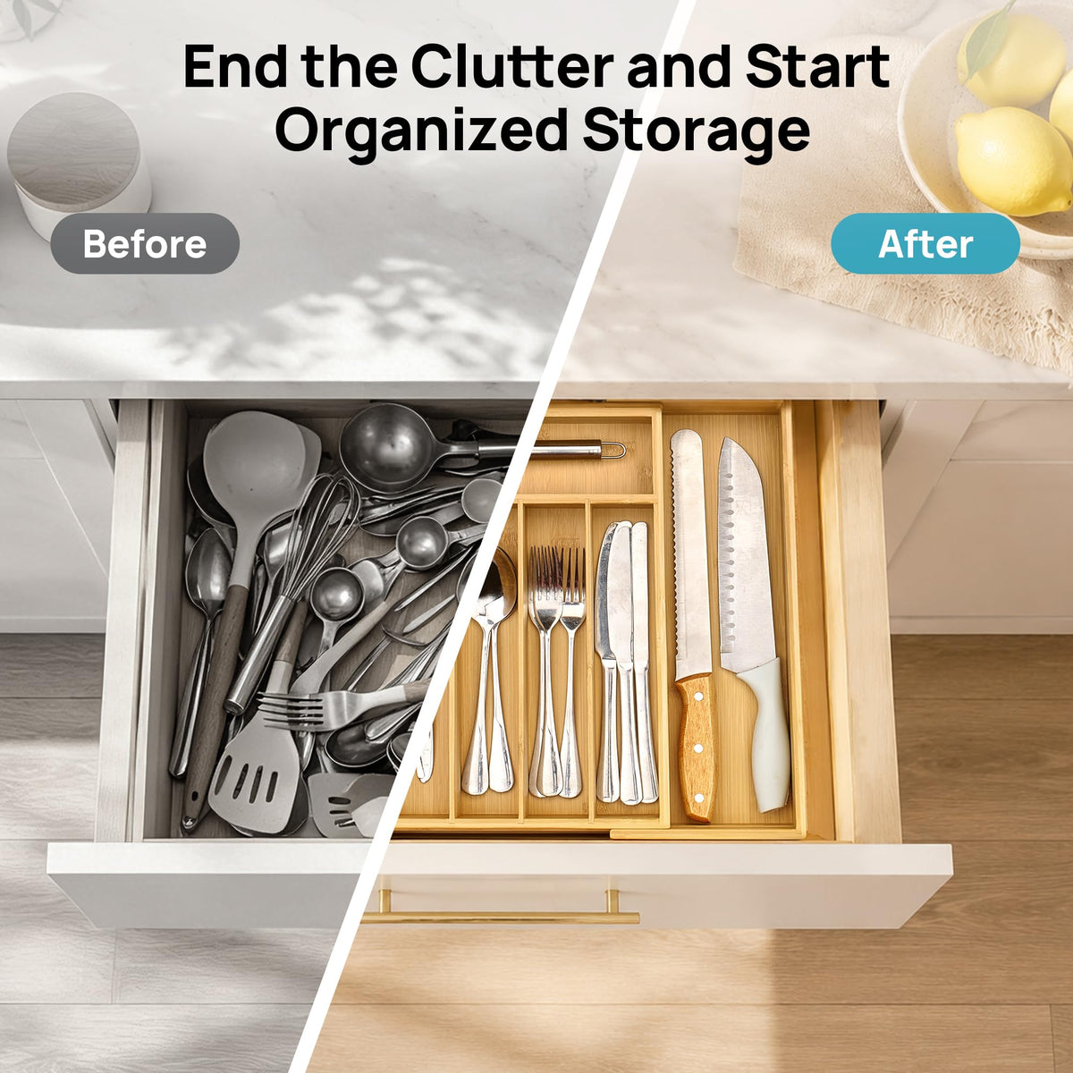 Vtopmart Expandable Bamboo Drawer Organizer for Kitchen, Adjustable Tray