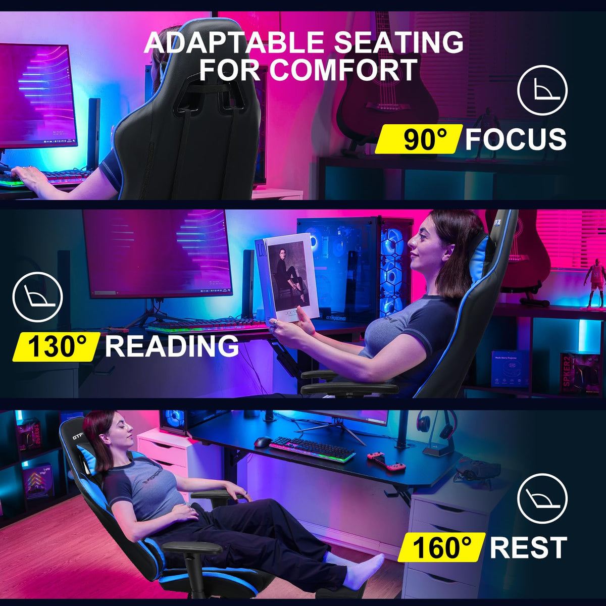 GTPLAYER Gaming Chair with Footrest, Ergonomic Computer Game Desk Chair, Reclining Gamer Chair Seat Height Adjustment, Swivel Rocker with Headrest and Lumbar (Blue)