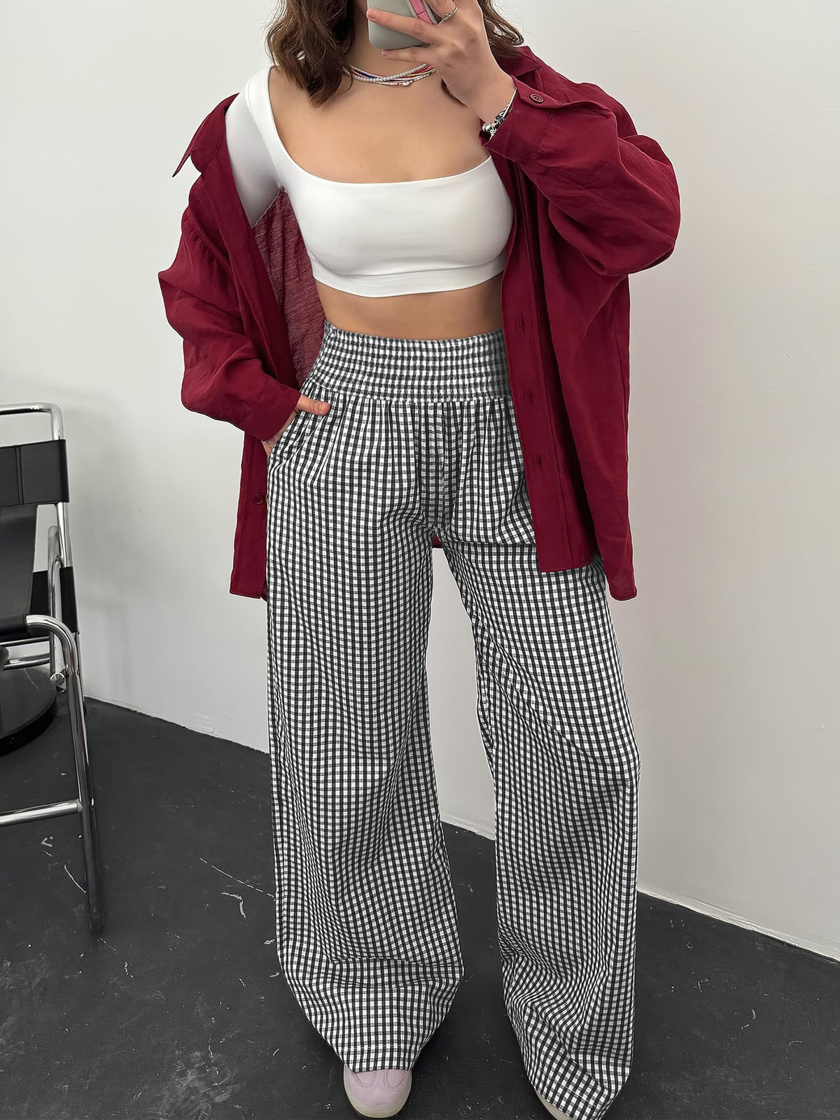 ANRABESS Womens Striped Gingham Wide Leg Palazzo Pants with Pockets