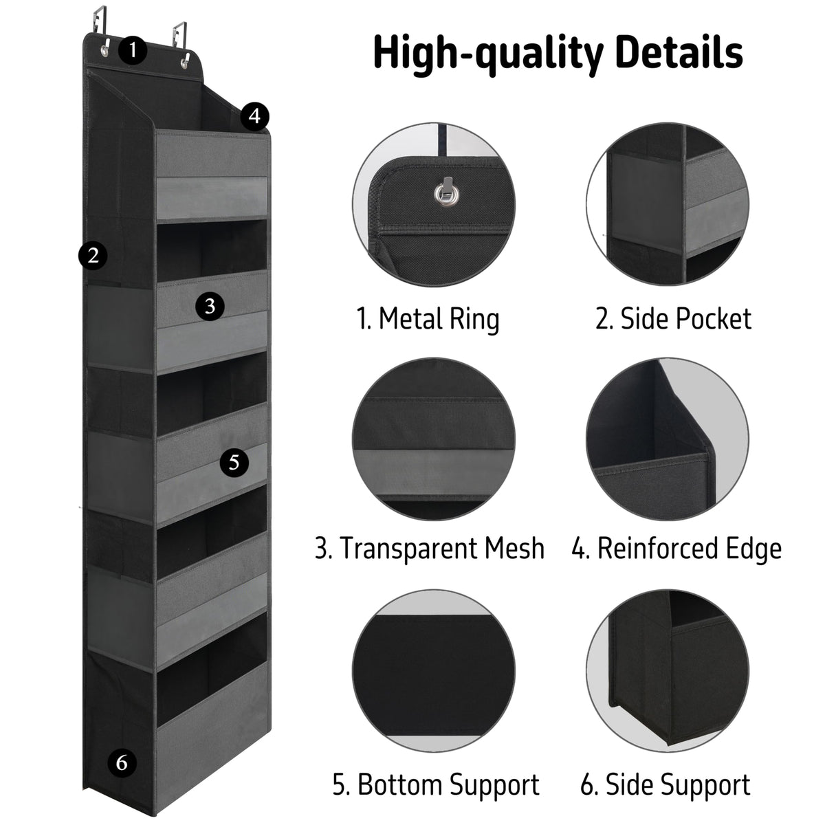 TYMENSH Black Over Door Organizer with 5 Large Pockets and 6 Side Mesh Pockets, Anti-Tilt Hanging Door Storage for Closet, Bathroom, Nursery, Bedroom, Dorm