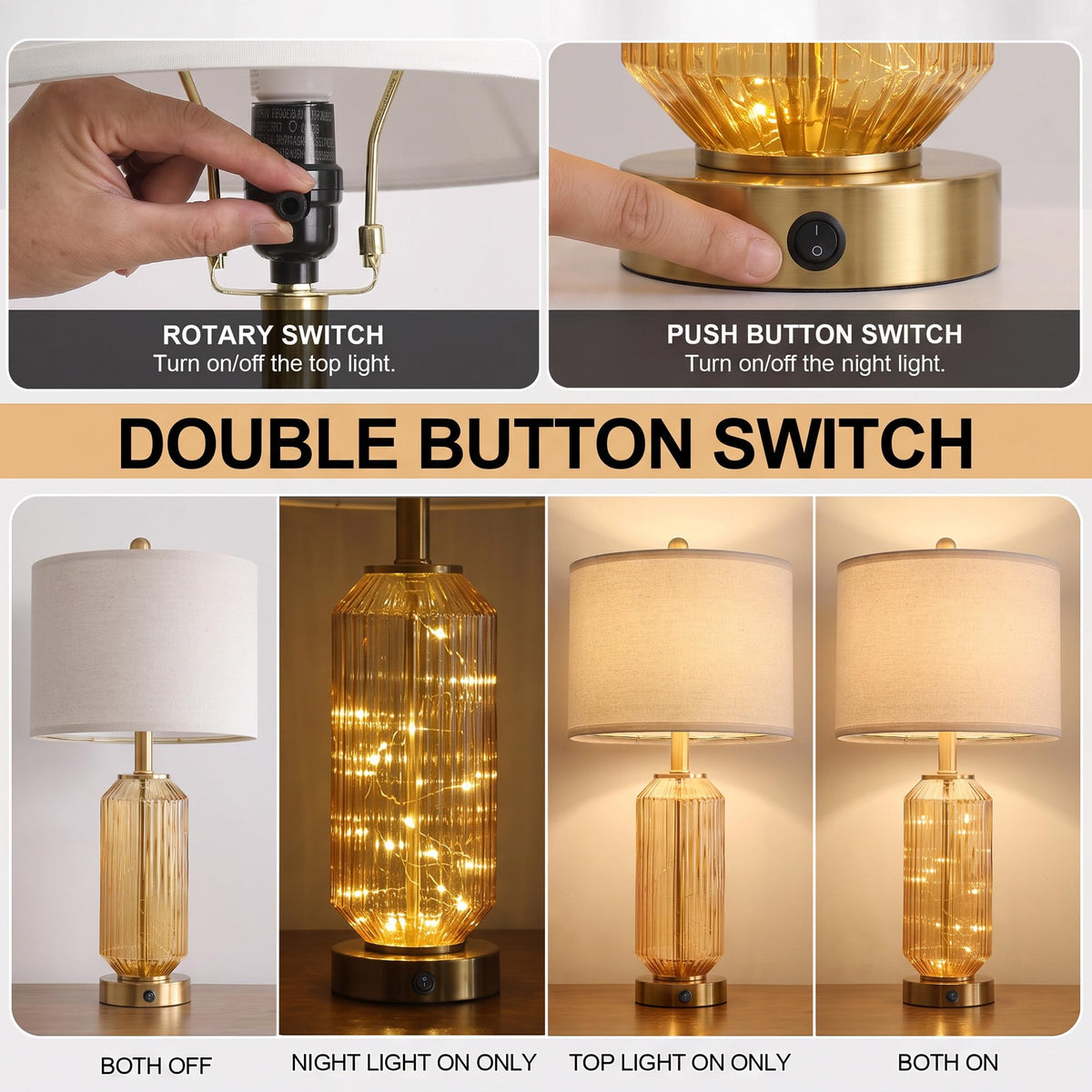 Oneach 24.5" Bedside Table Lamps Set of 2, Amber Glass Lamp with Nightlight