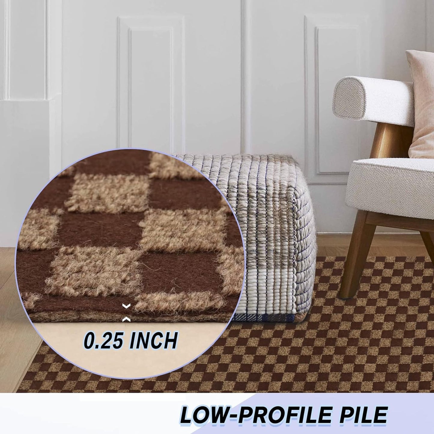 Custom Size Backed Non-Slip Area Rugs Runner, Easy Clean, Waterproof Runner Rugs for Hallway Entryway, Kitchen, Laundry, 2FT x 33FT, Brown Checkered