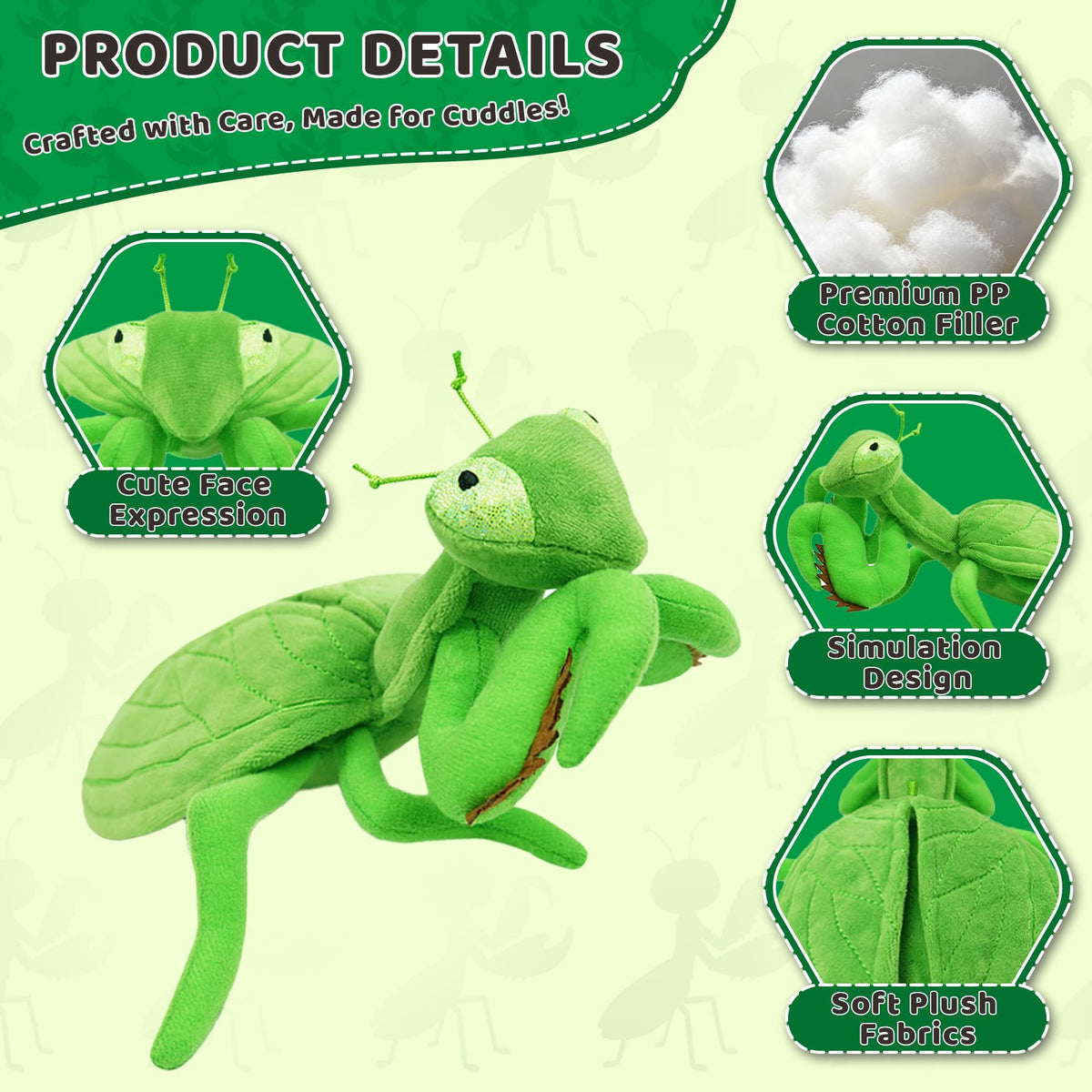 JUSTQUNSEEN 7-Inch Realistic Mantis Stuffed Animal Plush Toy, Soft Stuffed Insect for Kids & Toddlers, Friendly Educational Model for Science Learning, Halloween Christmas Birthday Gift