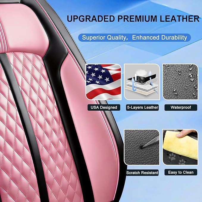 Car Seat Covers for Select Honda Fit 2007-2020, Premium Full Coverage Leather, Airbag Compatible& Scratch-Resistant, Waterproof & All Weather Breathable Seat Protector, Front Pair Black+Pink