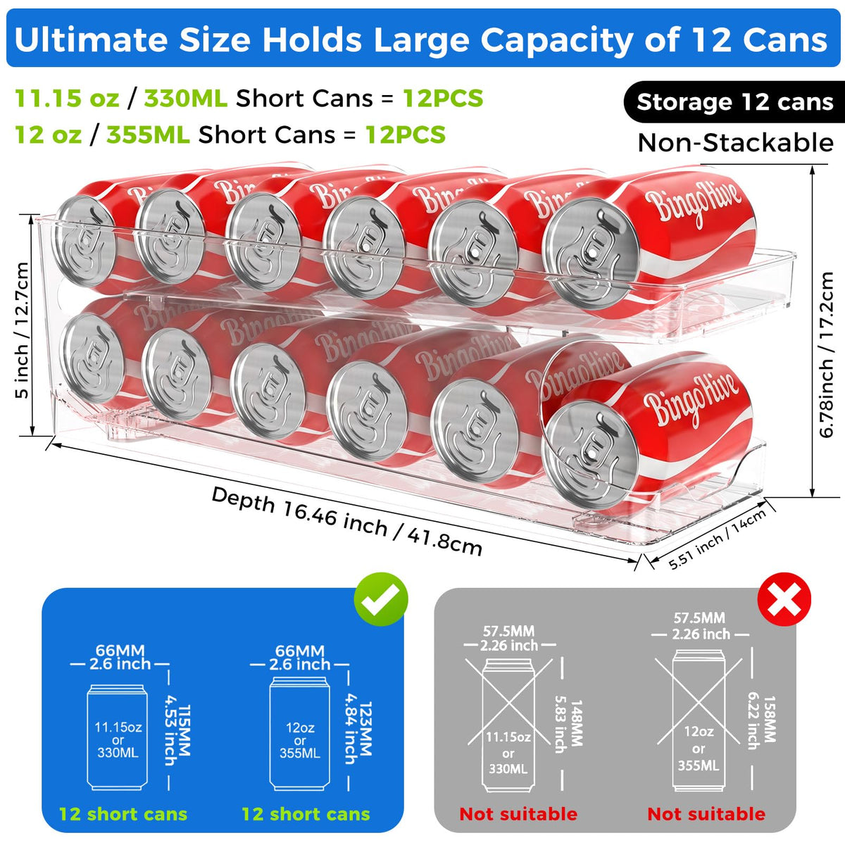 BingoHive 2 Packs FIFO Rolling Soda Can Organizer for Fridge, Holds 24 Cans