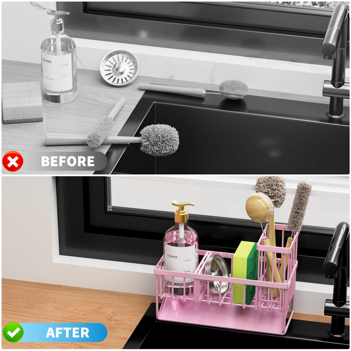 Cisily Pink Kitchen Sink Caddy Organzier with High Brush Holder, Sponge Holder for Sink, 304 Rustproof Stainless, Kitchen Countertop Soap Dispenser Organizer