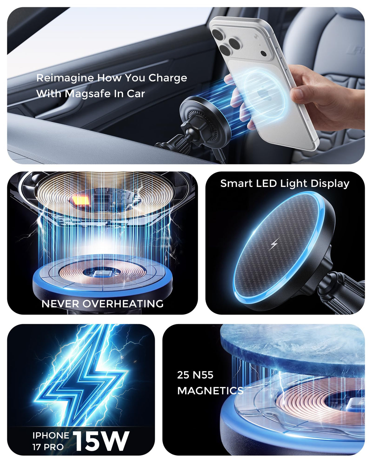 Estbuc 2-in-1 15W Magsafe Car Mount Charger, Magnetic Wireless Car Charger