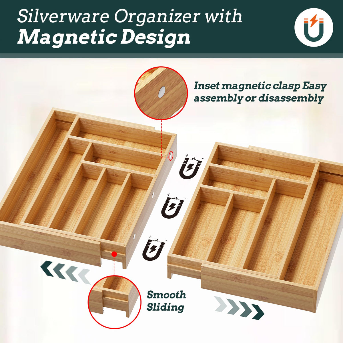 Silverware Organizer Large, Magnetic Connected Expandable 13 Slots Silverware Drawer Organizer From 21 to 37.4 Inches, Adjustable Flatware and Cutlery Holder, Bamboo Utensil Tray for Kitchen Natural