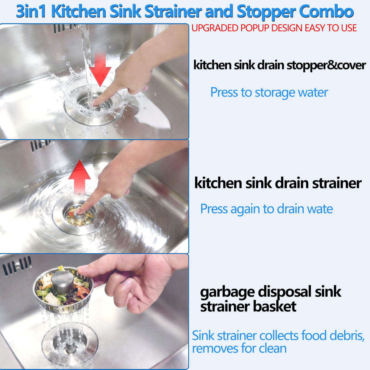 Upgraded 3-in-1 Pop-Up Kitchen Sink Drain Strainer Stopper