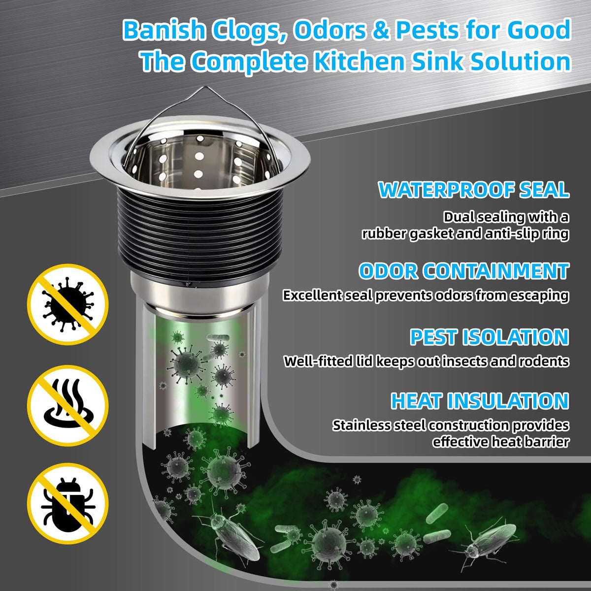 Kitchen Sink Drain Assembly, Stainless Steel Removable Deep Sink Strainer Basket, 3-1/2 Inch Sink Drain Stopper Plug, Sealing Lid