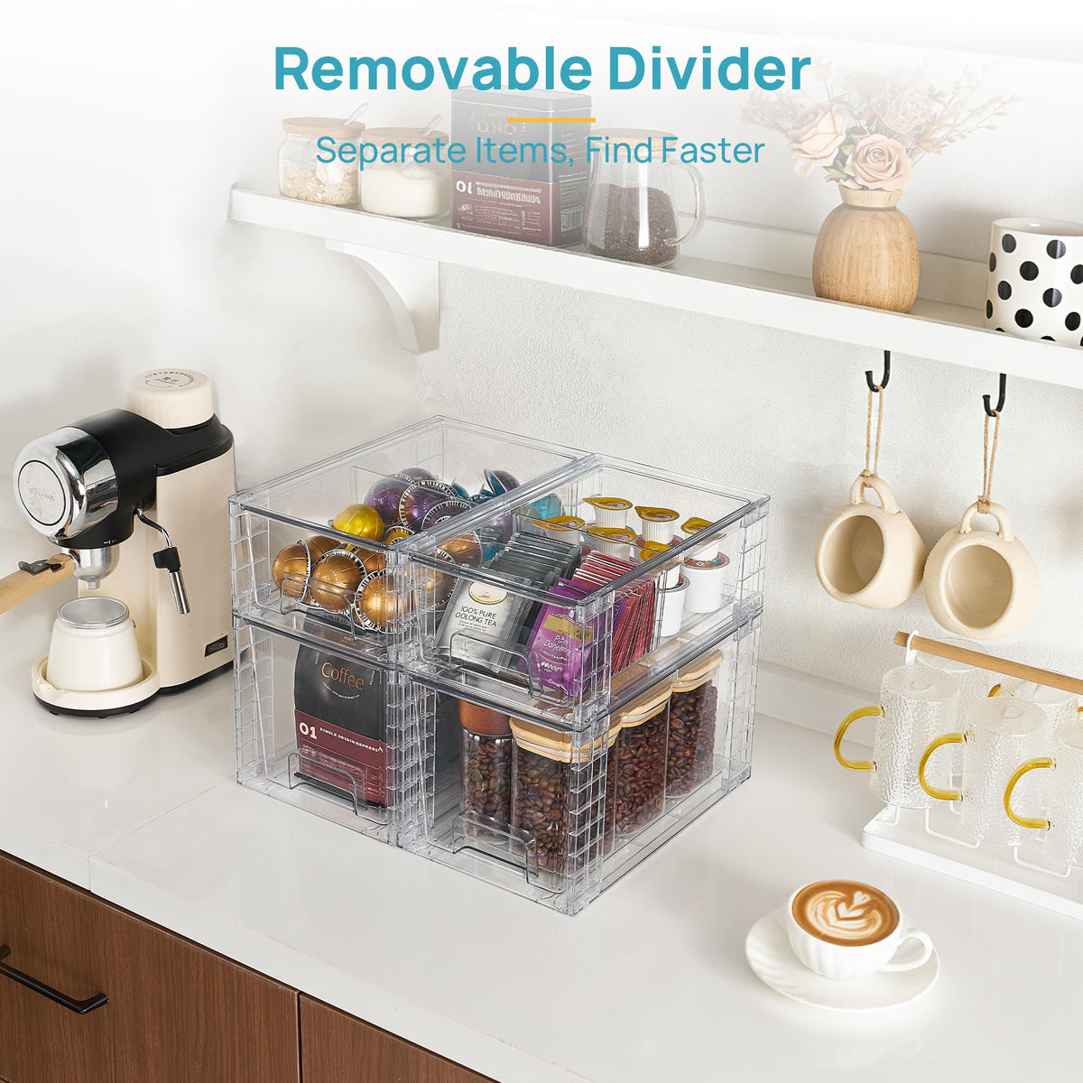 Vtopmart Clear Stackable Storage Drawers, 4 Pack Kitchen Cabinet Set