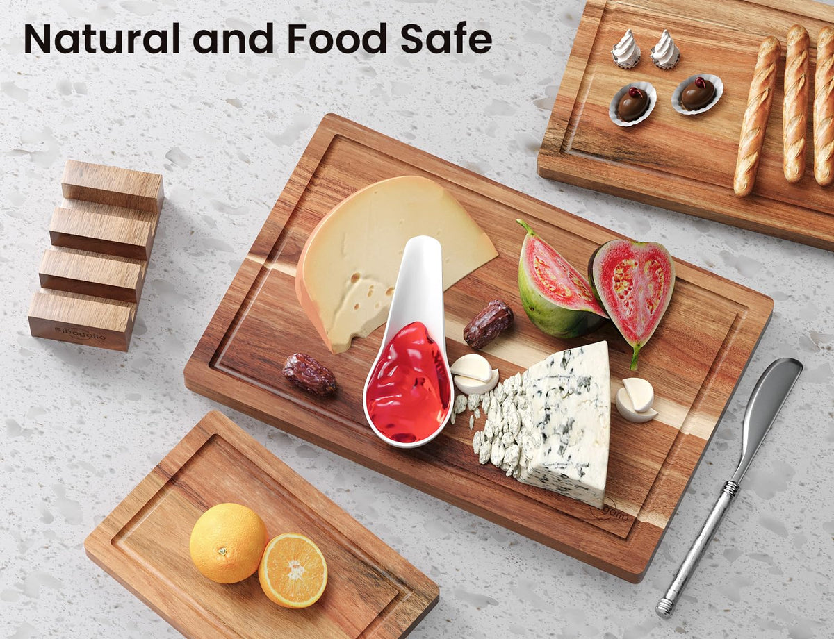Fibogollo Set of 3 Acacia Wood Kitchen Cutting Boards with Holder