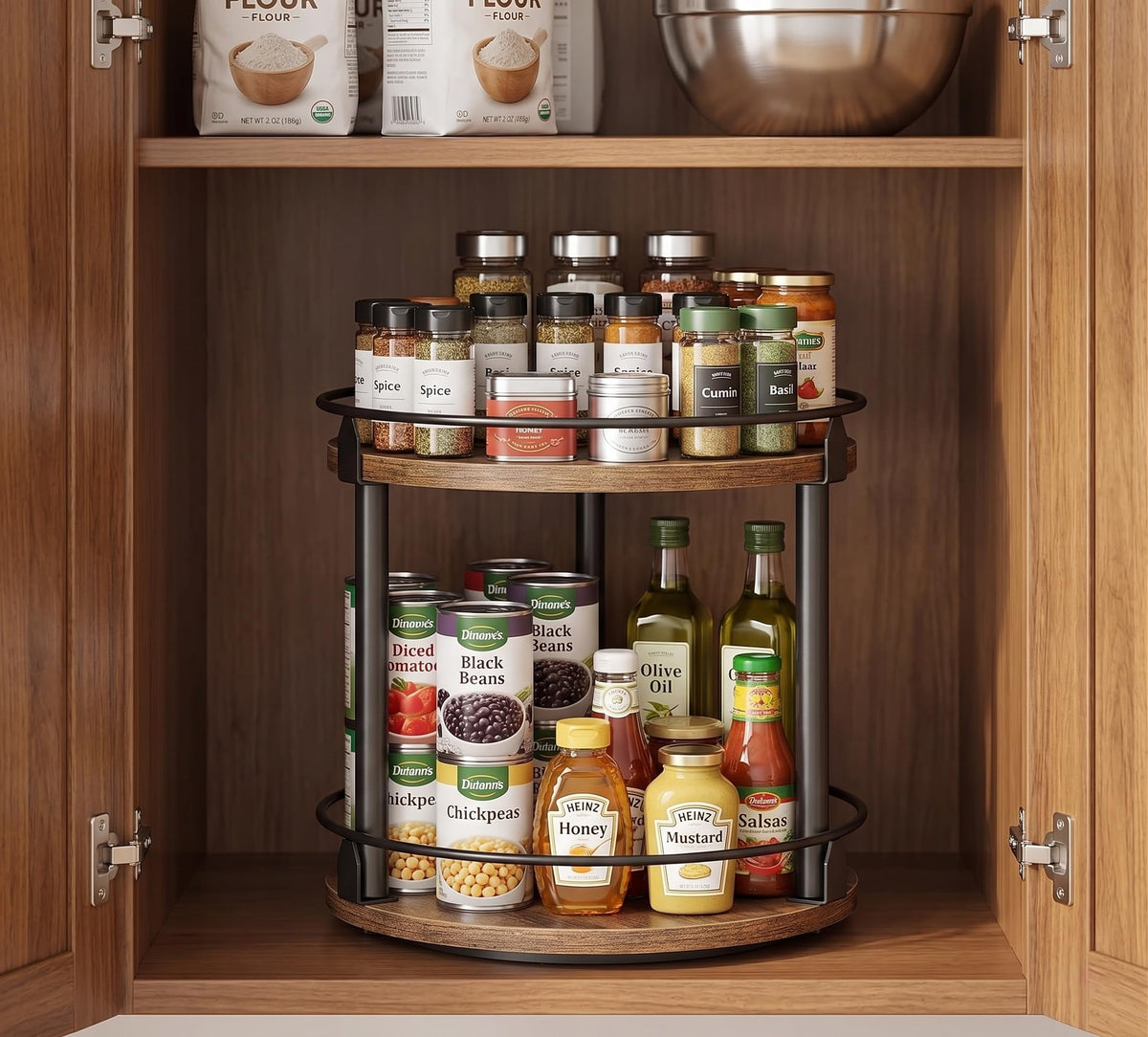 VHIEDN 2-Tier Rustic Wood Lazy Susan Turntable Organizer, Spice Rack