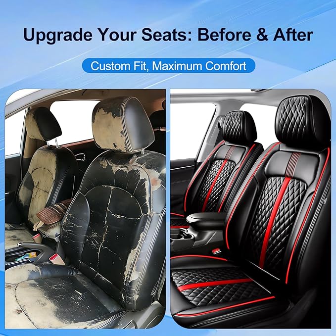 Fit Accord Car Seat Covers (Front Pair) for Select Honda Accord 2012-2026, Luxury Full Coverage Leather, Airbag Compatible, Waterproof & All Weather Seat Cushion Protector, Black with Red Trim