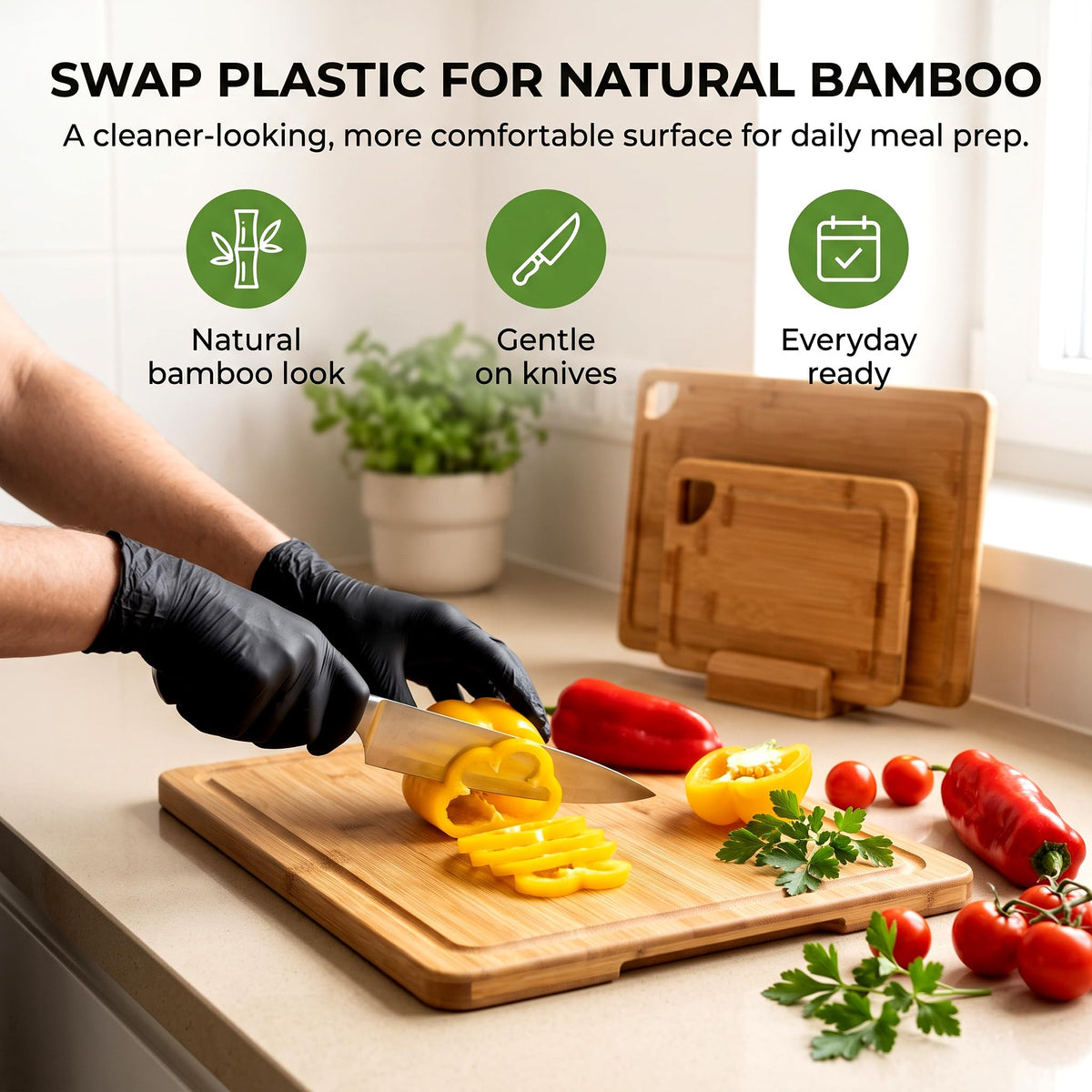 3-Piece Bamboo Cutting Board Set with Holder, Juice Groove for Kitchen Prep