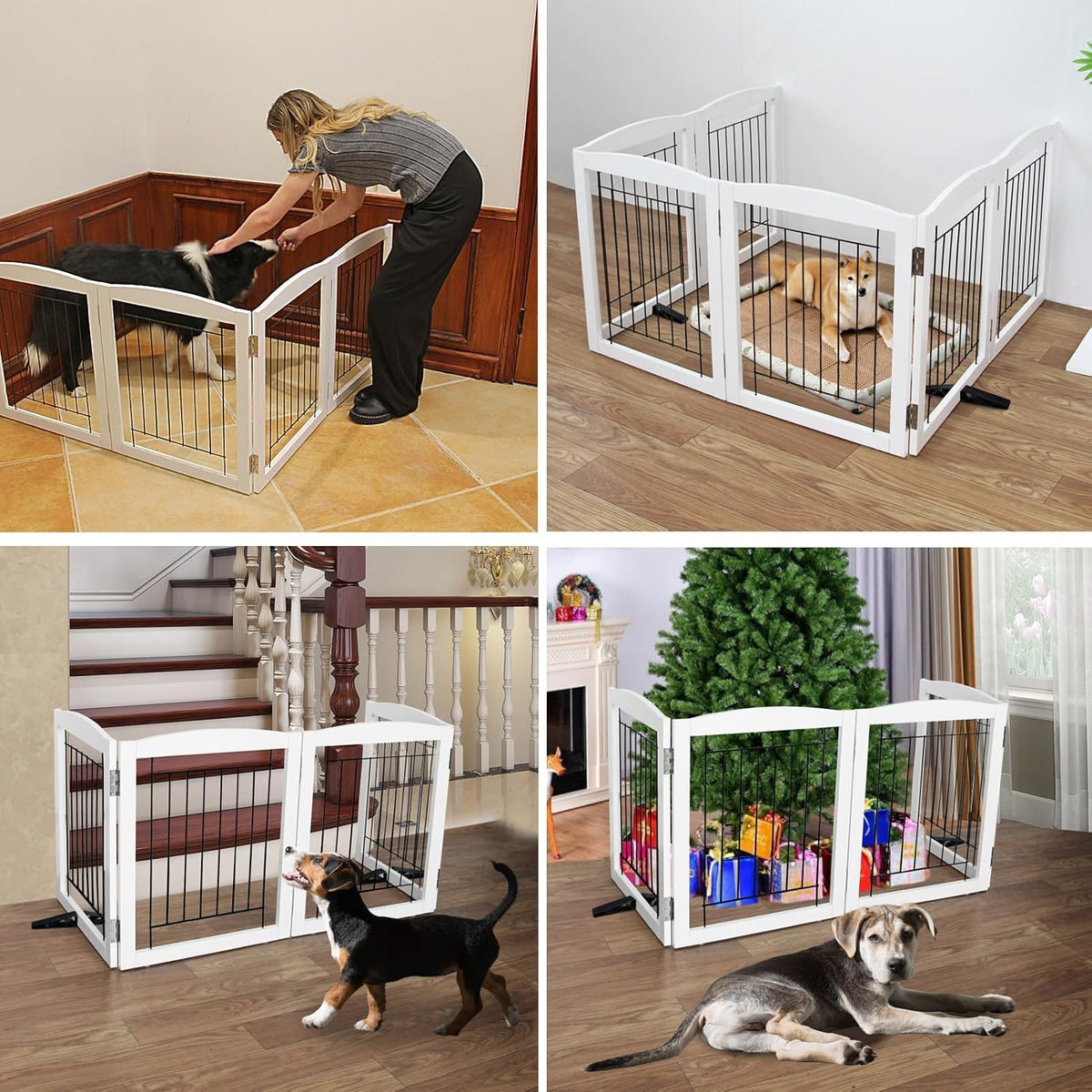 ZJSF Freestanding Dog Fence Indoor, Foldable Dog Gate for Doorways, Stairs or Hallways, Sturdy Wood Extra Wide Pet Gate with Support Feet for The House, White, 24 "Height-6 Panels