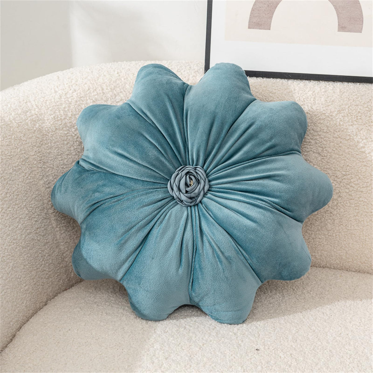 Jackcsale 15.7" Flower Throw Pillow Velvet Blue Pillow Cushion Flower Shaped Sofa Decorative Throw Pillow Soft Velvet Couch Chair Cushion for Living Room Bedroom Farmhouse