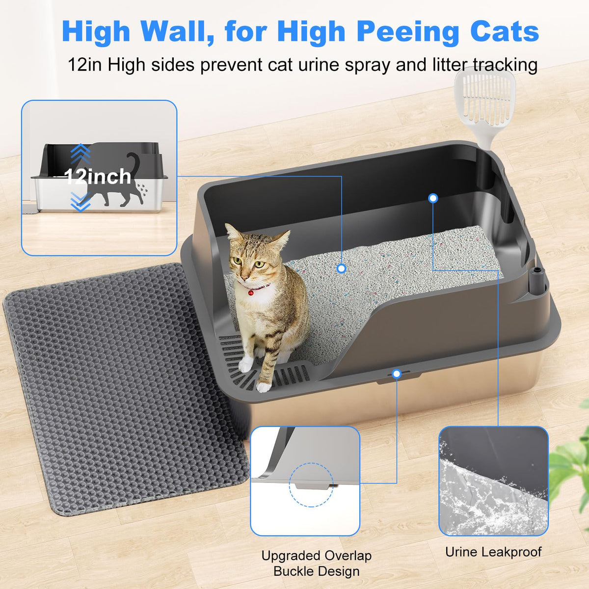 Non-Stick Stainless Steel Litter Box, XL Side Open Splash-Proof&Leak-Proof