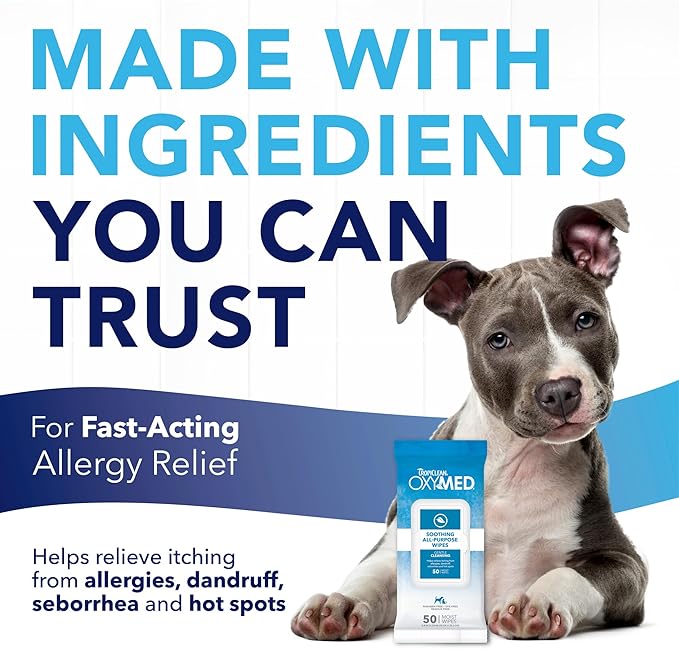 TropiClean Oxymed Soothing Allover Cat & Dog Wipes For Paws And Butt | Anti Itch Relief For Dogs & Cats 50 Count