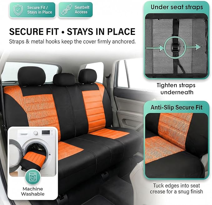 FH Group Automotive Car Seat Covers Rear Set Premium 3D Air Mesh Seat Covers, Airbag Compatible and Split Bench Cover Universal Fit Interior Accessories for Cars Trucks and SUVs - Orange