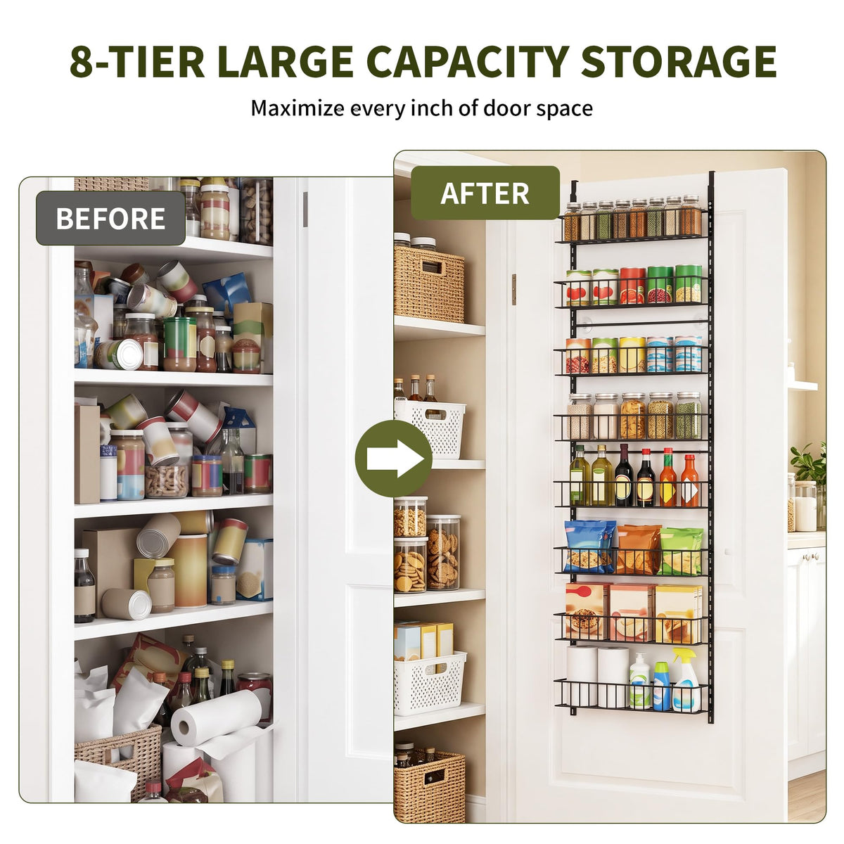 ElegantArray 8-Tier Pantry Door Organizer, Hanging Storage Basket, Black
