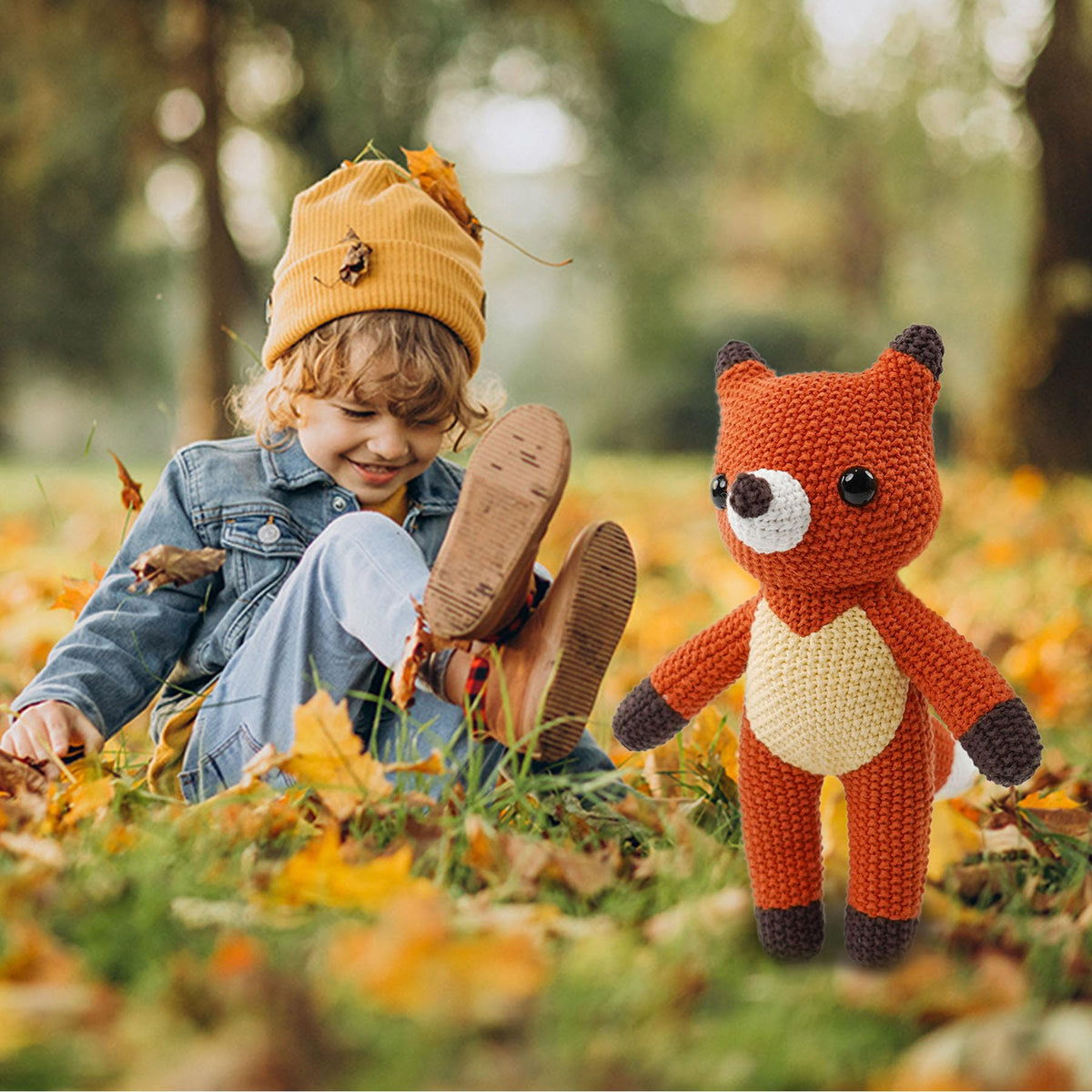 JUSTQUNSEEN Knitted Fox Stuffed Animal,11 Inch Stuffed Animal Plush Fox Cute Animal Fox Toy for Girl,Soft Fox Toy Cotton Plush Knitted Stuffed Animals Birthday
