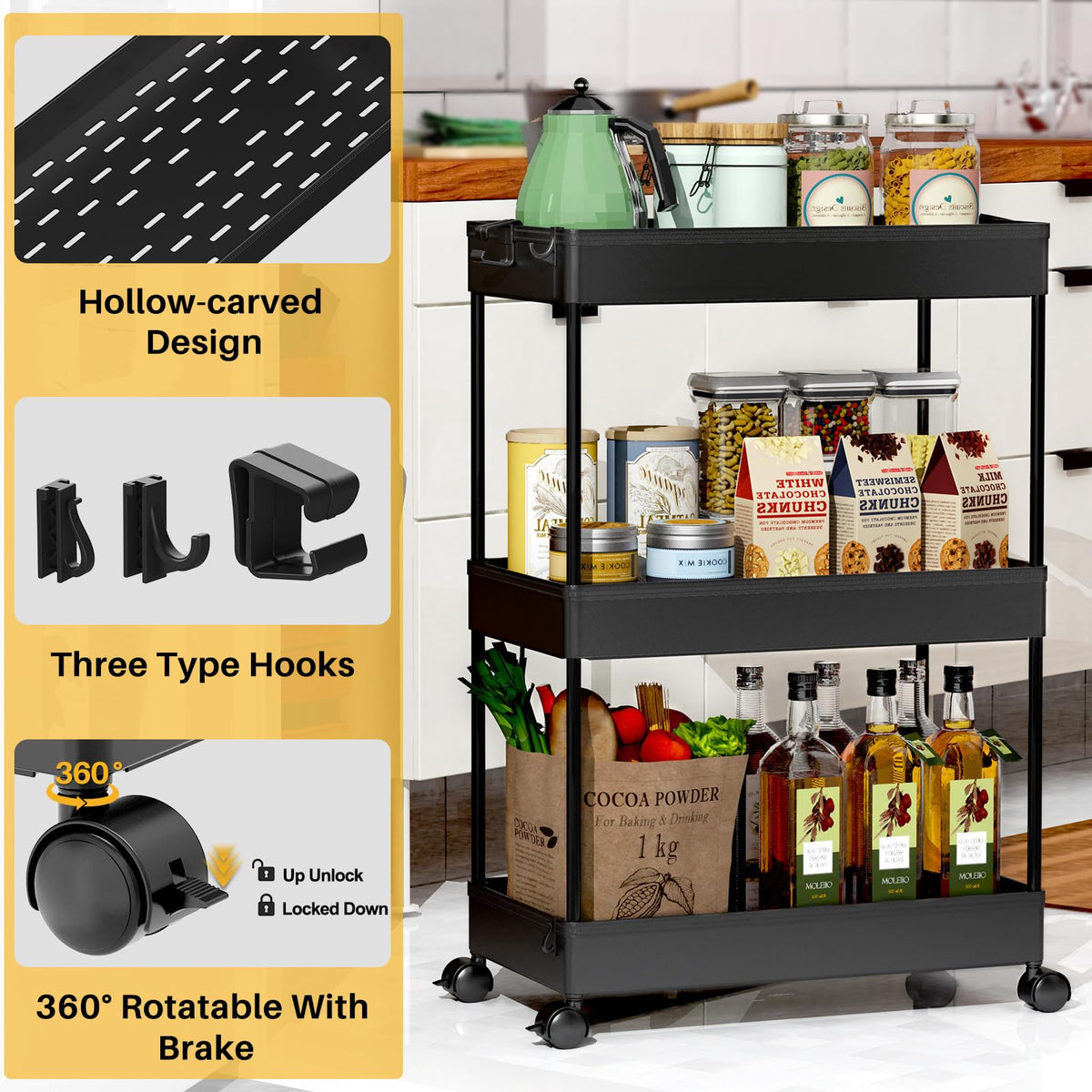 SPACEKEEPER 3 Tier Rolling Cart, Bathroom Cart Organizer with Wheels, Black