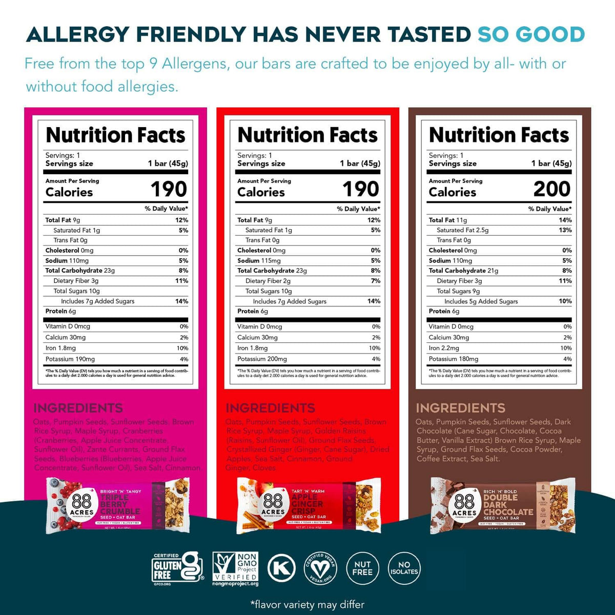 88 Acres Granola Bars Variety Pack – School Safe, Gluten & Nut Free, 12 Count