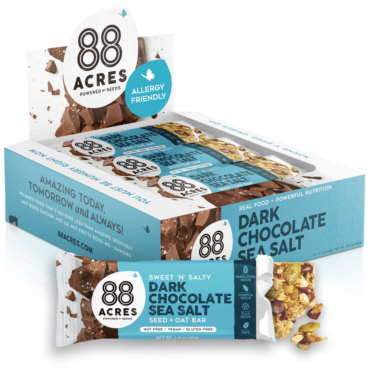 88 Acres Granola Bars – Dark Chocolate Sea Salt, 12 Count | Allergen Free, Gluten Free, Vegan, Non-GMO, Kosher, Individually Wrapped