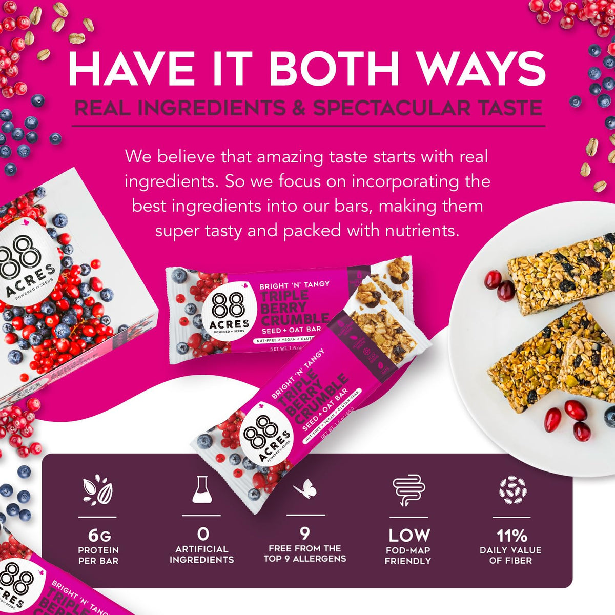 88 Acres Granola Bars - Triple Berry Crumble, Gluten & Nut Free, 12 Count