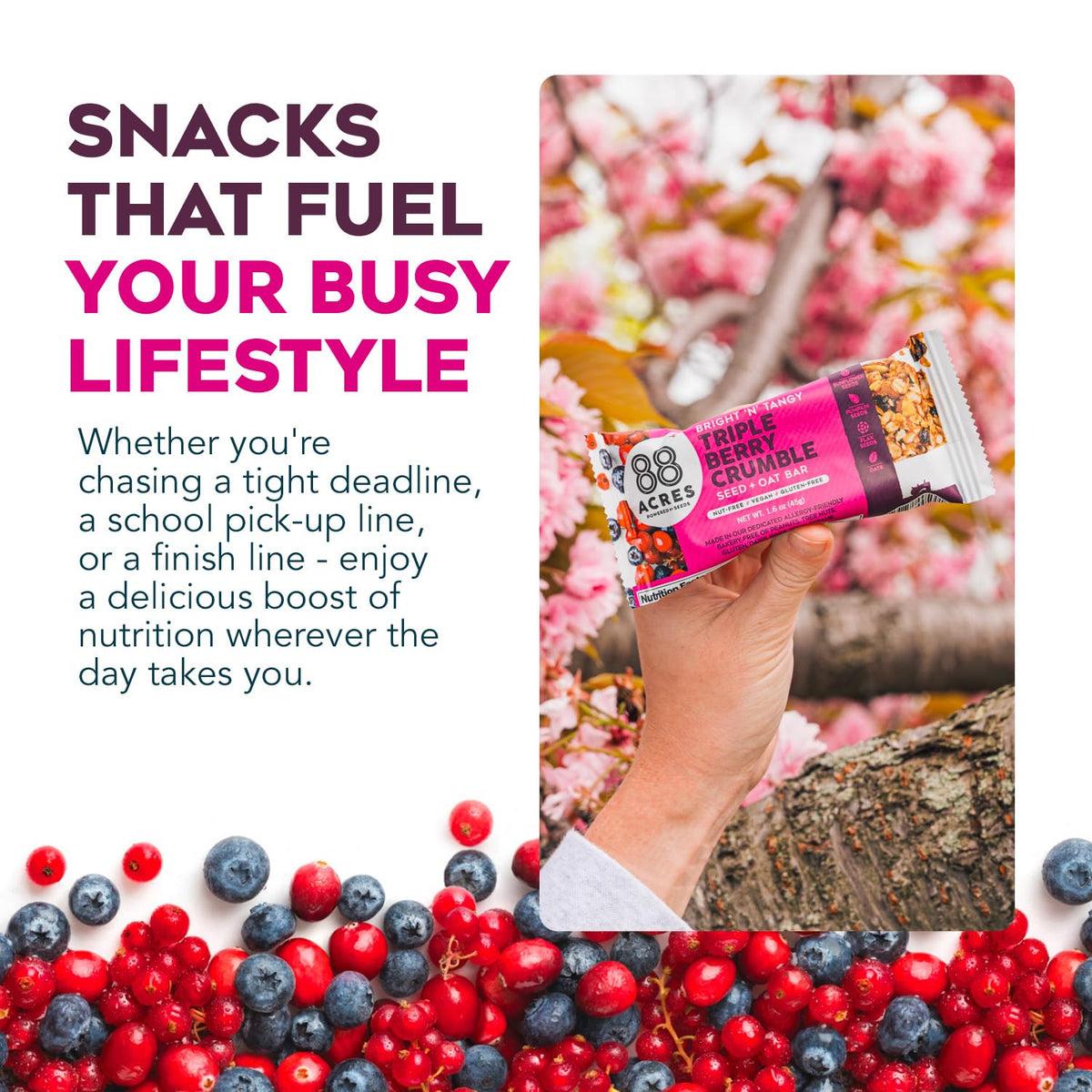 88 Acres Granola Bars - Triple Berry Crumble, Gluten & Nut Free, 12 Count
