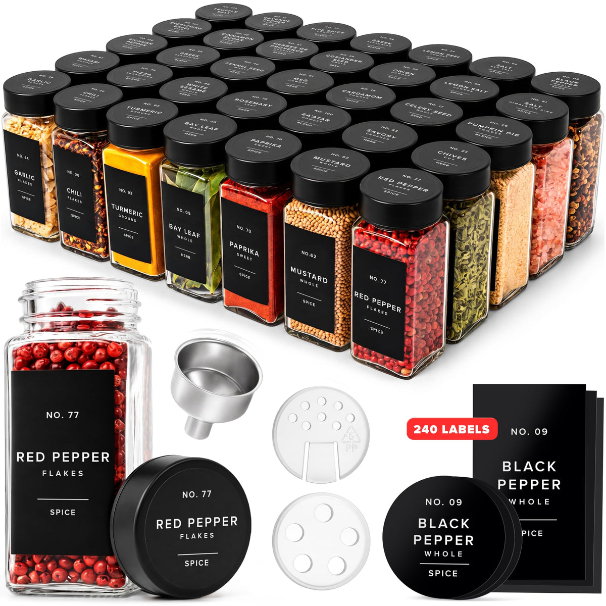EDELHAUS Glass Spice Jars with Label, Seasoning Set, 36x Black Steel Lids
