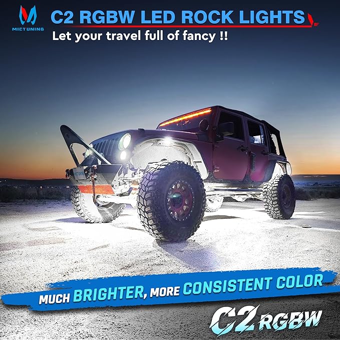 MICTUNING C2 Curved RGBW LED Rock Lights - 8 Pods Underglow Multicolor Neon Light with Wiring Switch Kit, Bluetooth Controller with APP Control