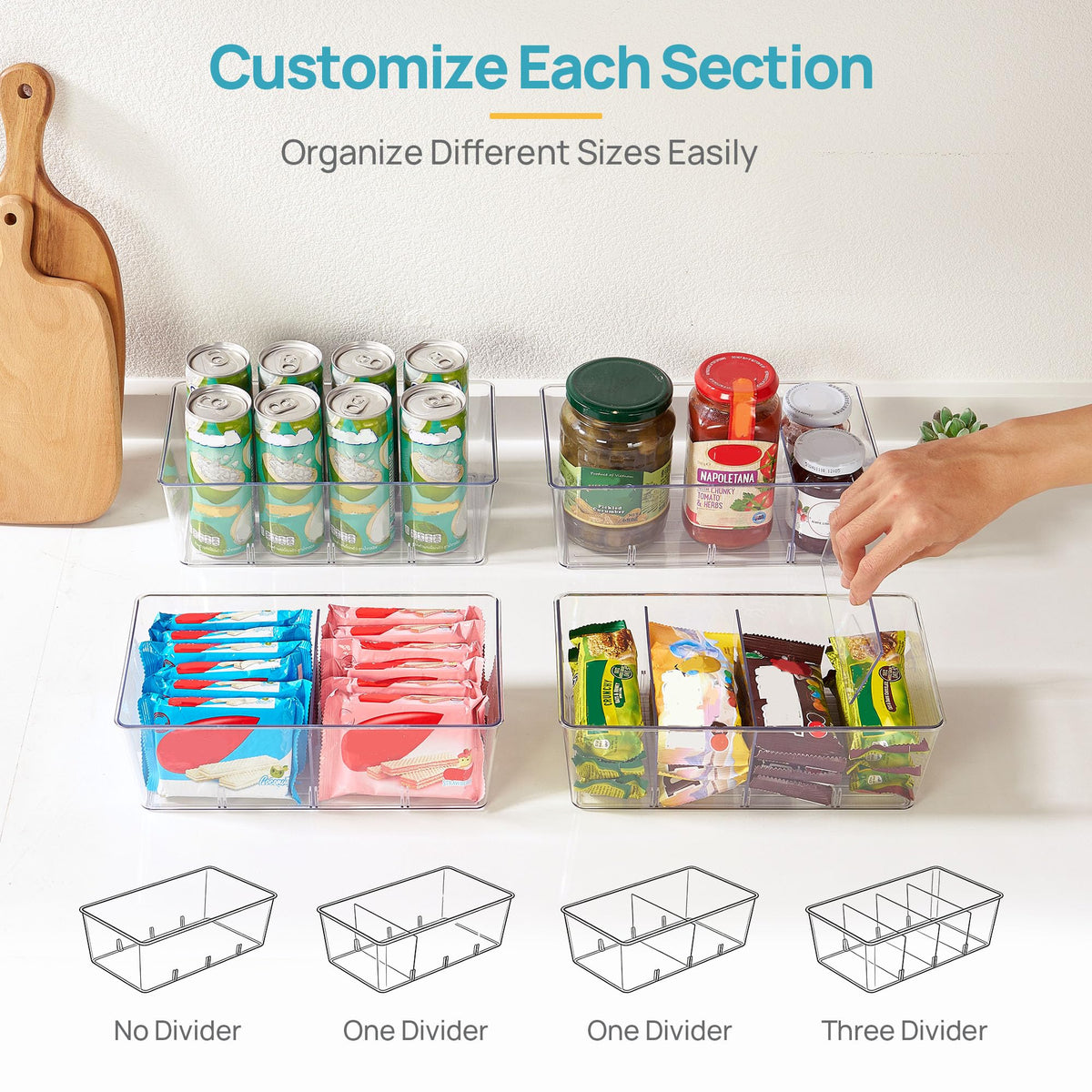 Vtopmart 4 Pack Pantry Organizer Bins with Lids, Removable Dividers