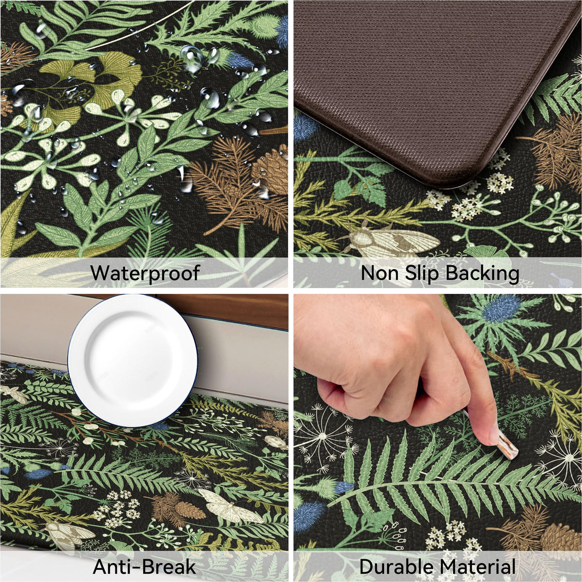 keensoft 2PCS Botanical Kitchen Rugs Set, Black Green 17.3"x28" + 17.3"x47"