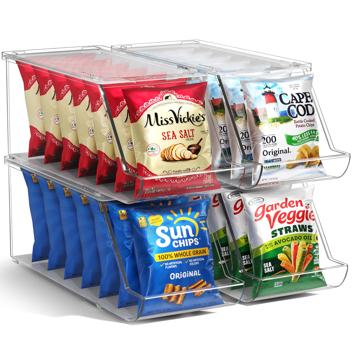 Sorbus Snack Organizer for Pantry, Clear Stackable Chip Bins (4 Pack)